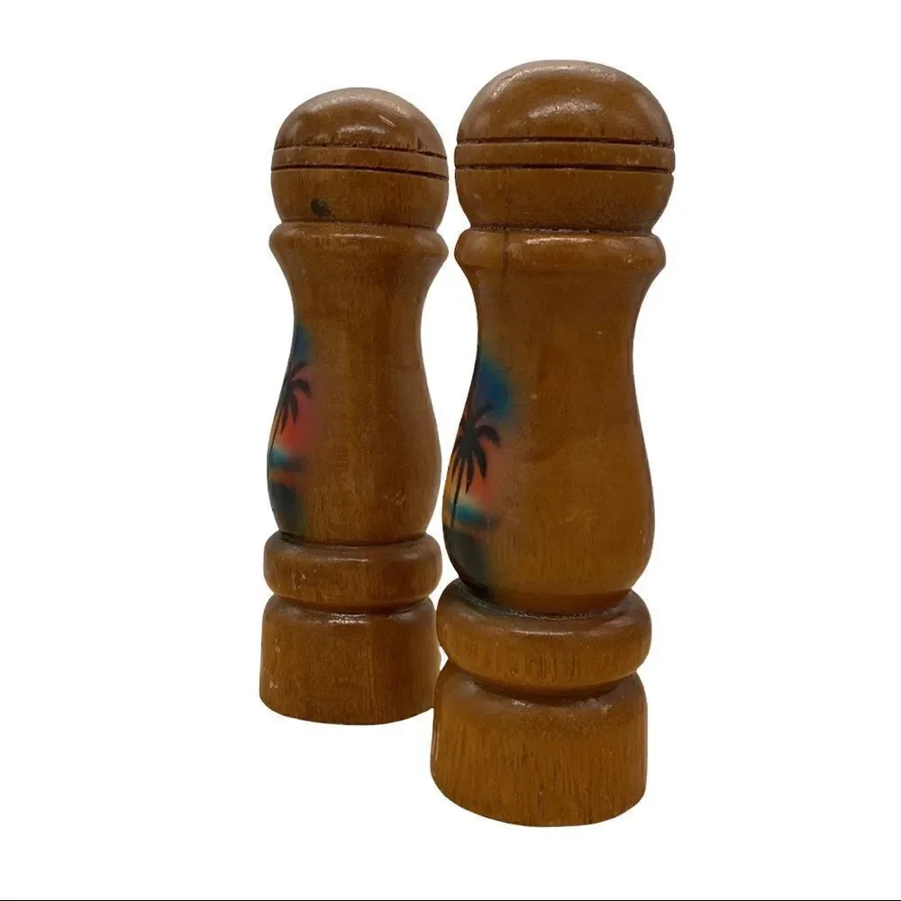 Vintage Aloha Hawaii Wood Kitsch Tall Salt and Pepper Shakers
